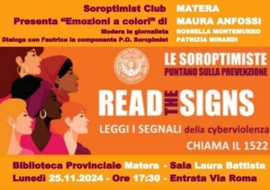 Il 25 novembre a Matera il Soroptimist Club della città dei Sassi in occasione della Giornata internazionale per l&#039;eliminazione della violenza sulle Donne