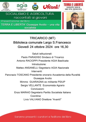 Presentazione domani a Tricarico “Terra e libertà. Giuseppe Avolio, una vita socialista” (Villani editore, 2024).