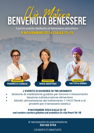 Cloè, Centro estetico e pilates, presenta a Matera  &quot;Benvenuto benessere&quot;, il primo evento dedicato all&#039;armonia psicofisica. Appuntamento sabato 9 novembre dalle 12 alle 13